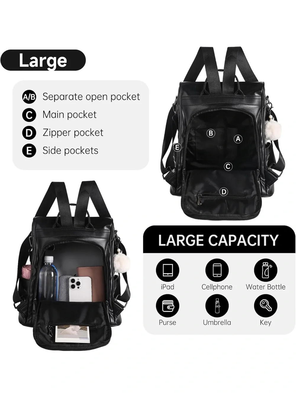 Stylish Black Women's Faux Leather Backpack with Pom Charm